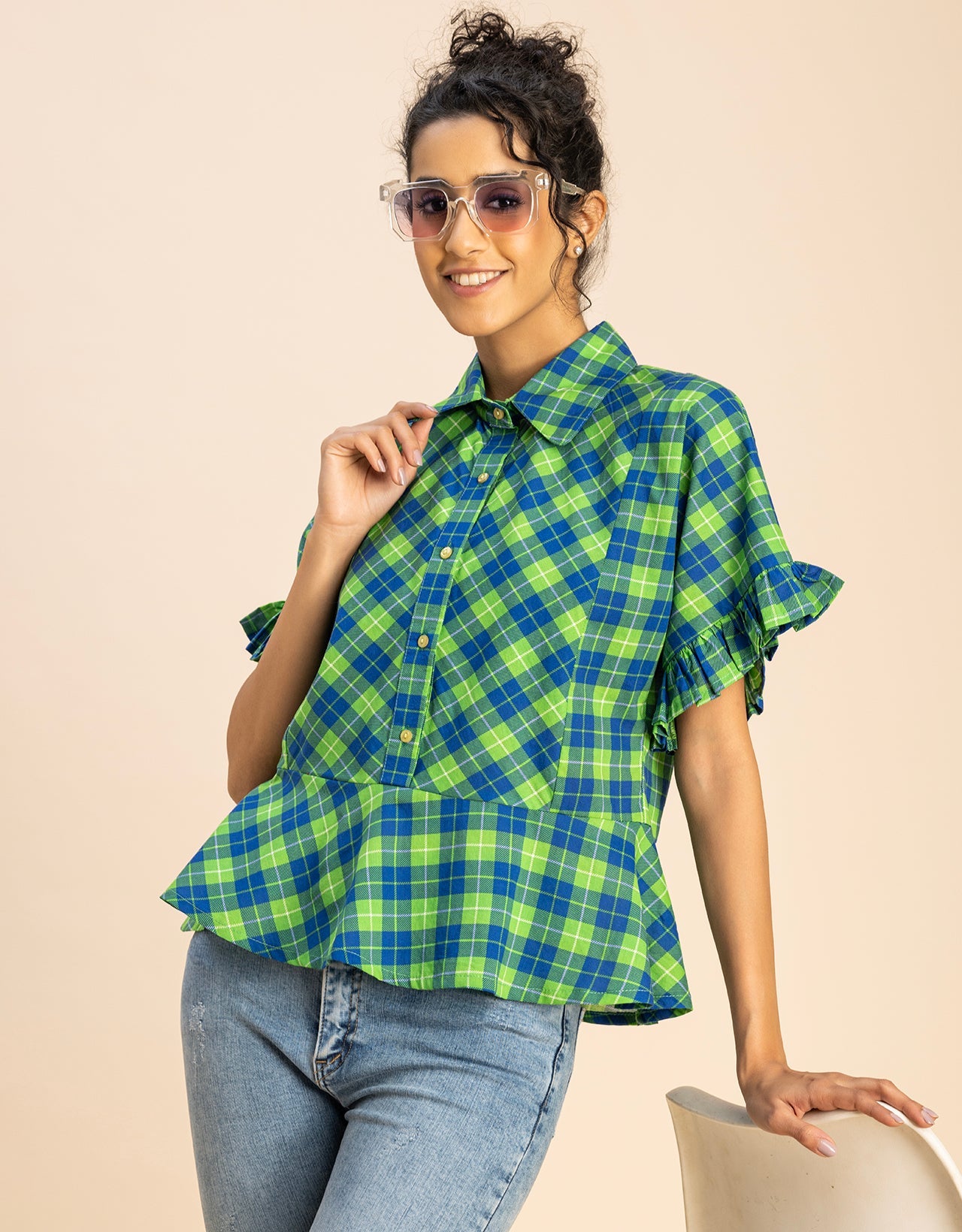 Printed Cotton Short Sleeve Peplum Top