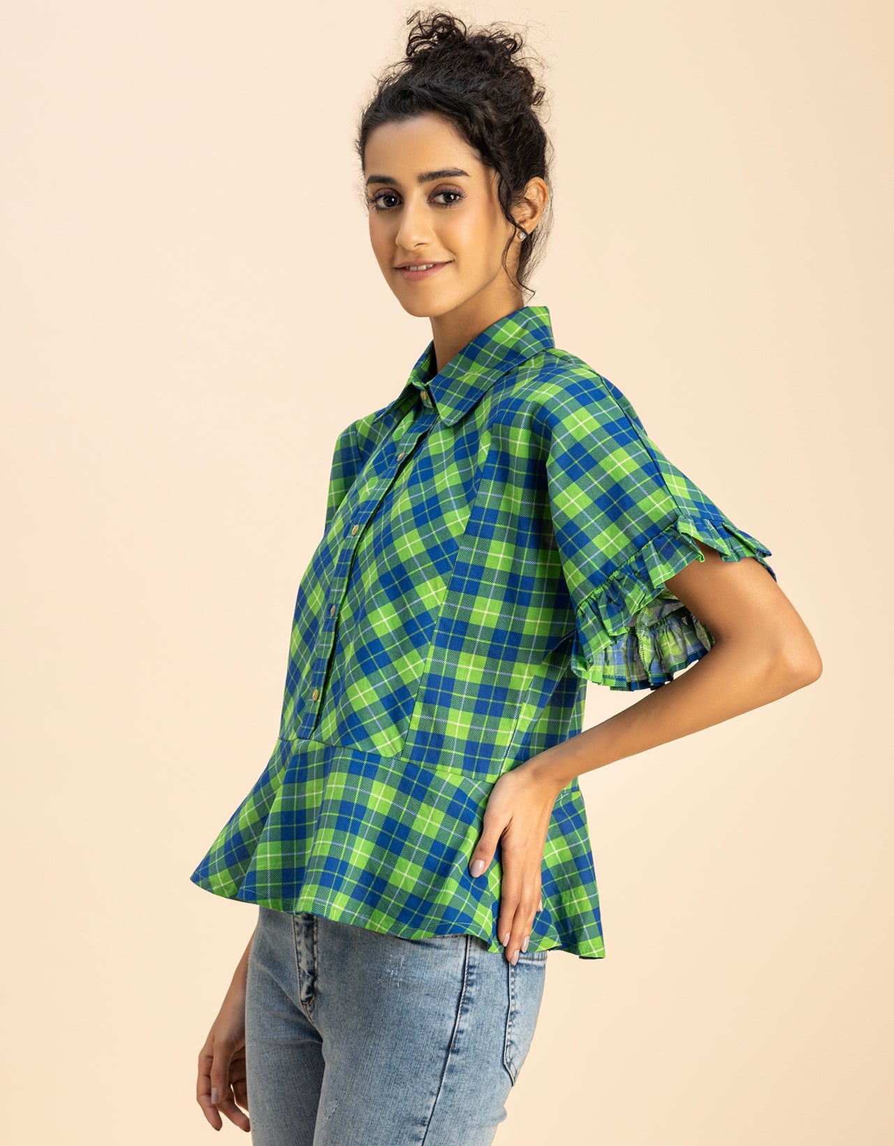 Printed Cotton Short Sleeve Peplum Top