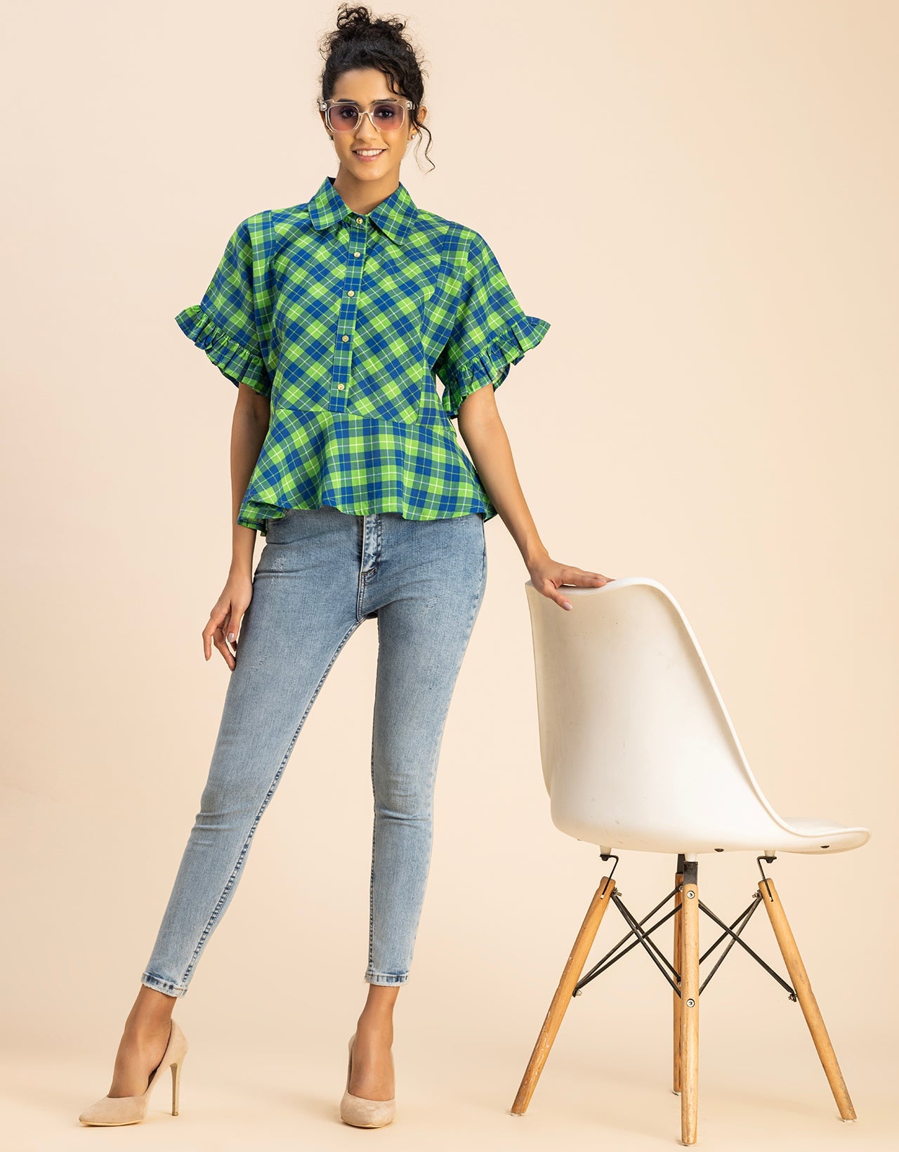Printed Cotton Short Sleeve Peplum Top