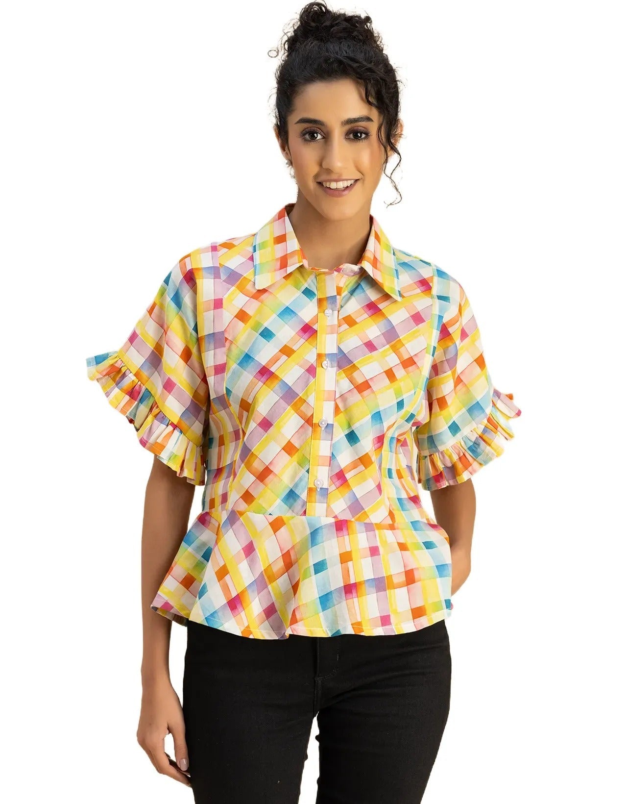 Printed Cotton Short Sleeve Peplum Top