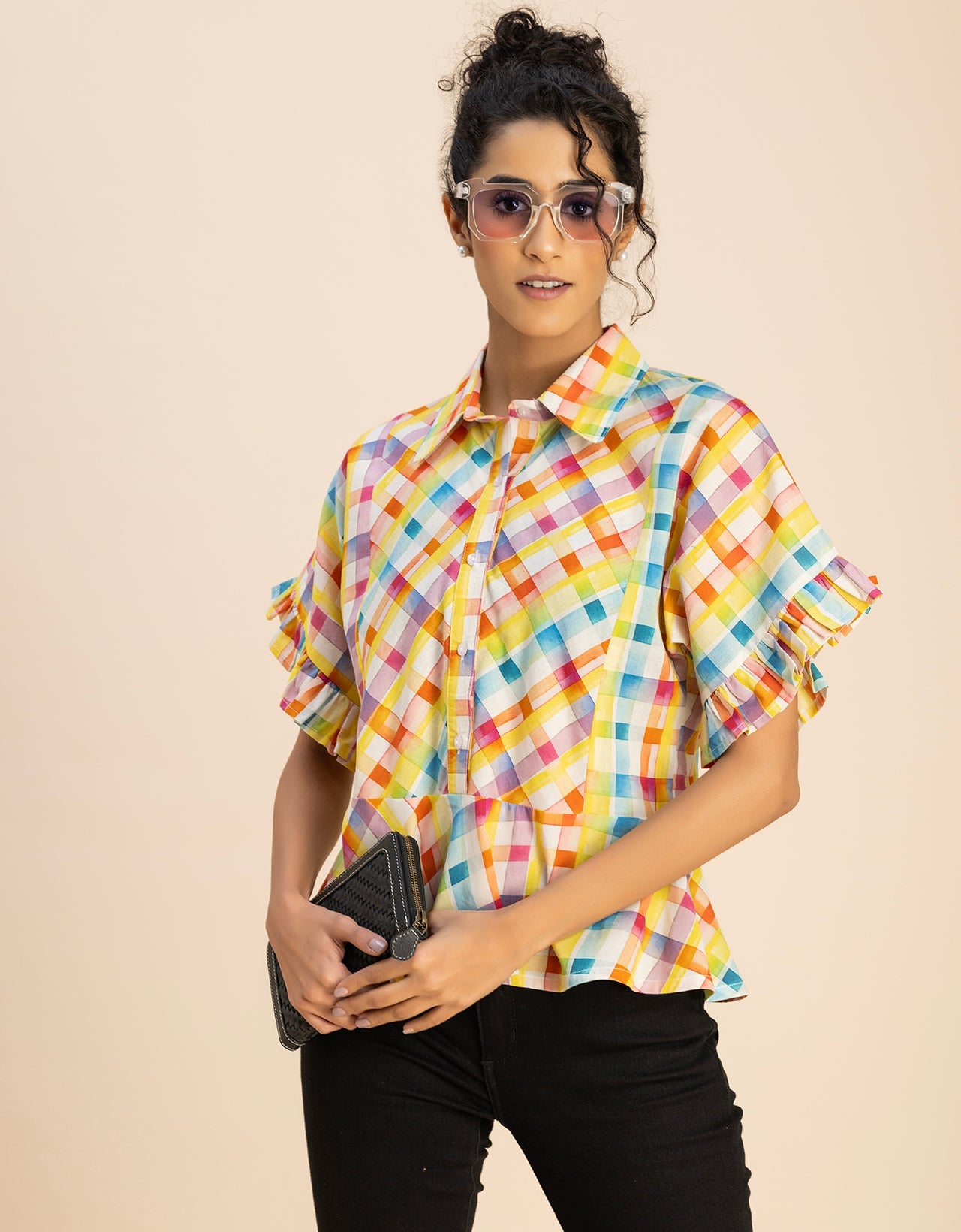 Printed Cotton Short Sleeve Peplum Top