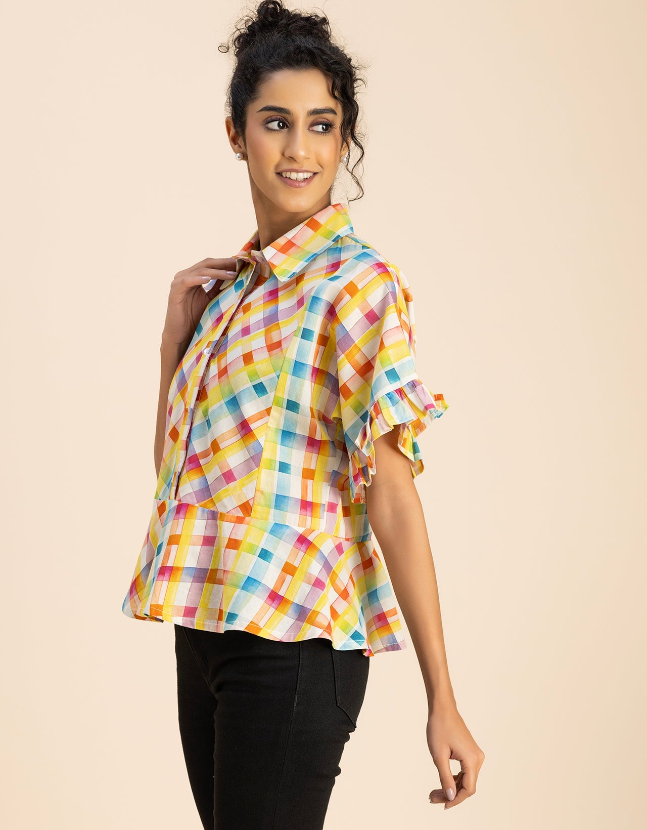 Printed Cotton Short Sleeve Peplum Top