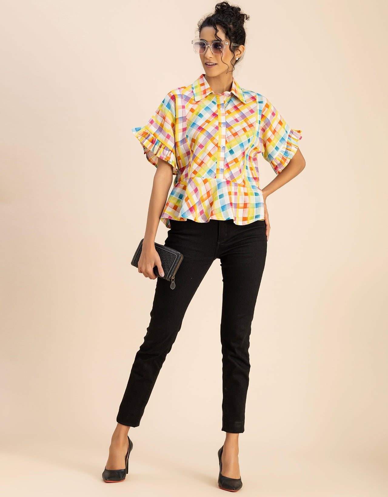 Printed Cotton Short Sleeve Peplum Top