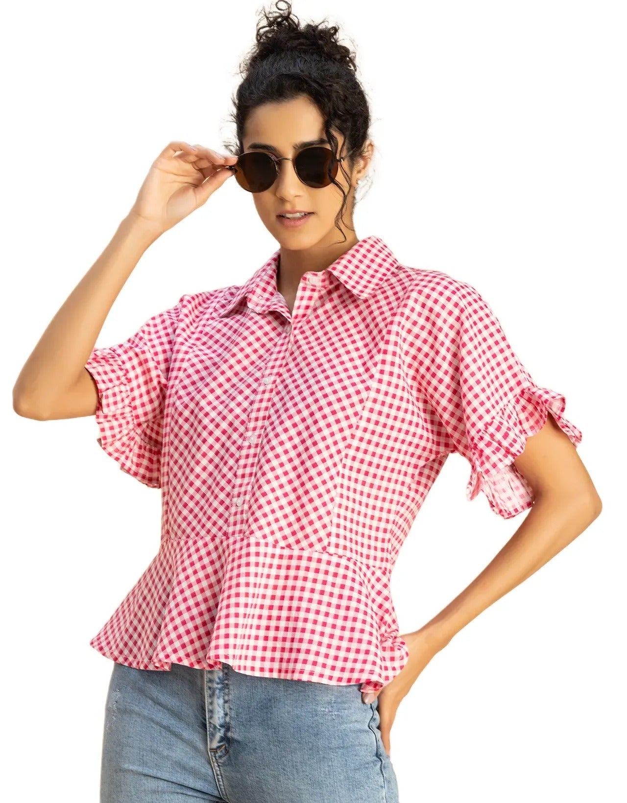 Printed Cotton Short Sleeve Peplum Top