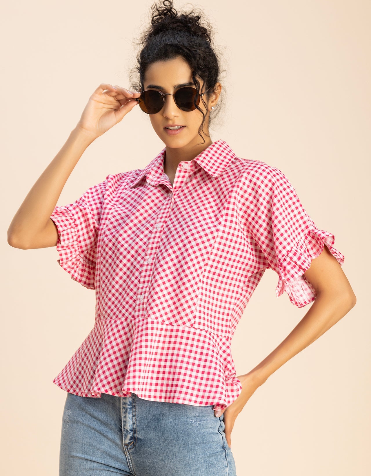 Printed Cotton Short Sleeve Peplum Top