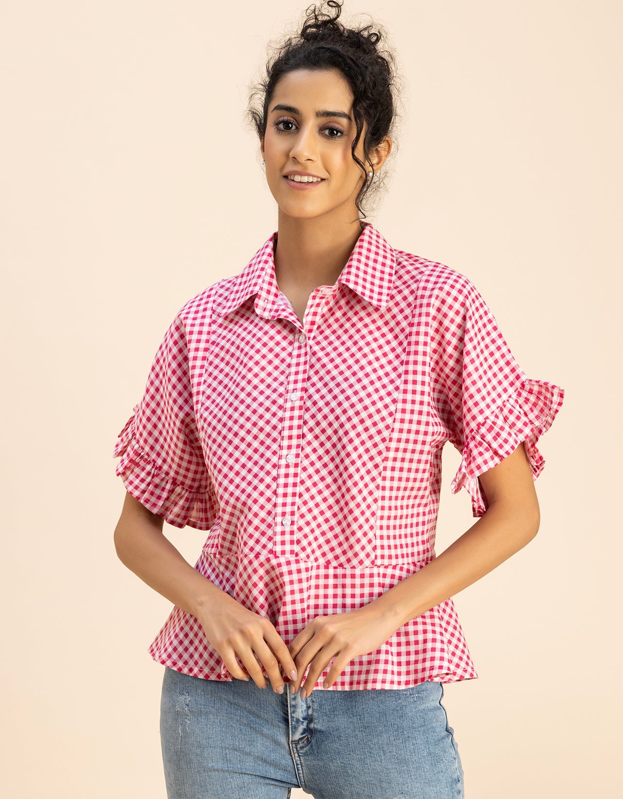 Printed Cotton Short Sleeve Peplum Top