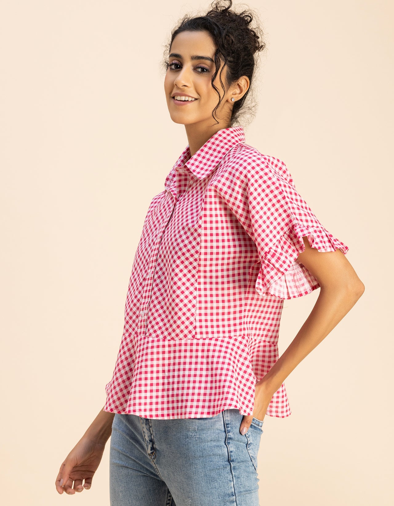 Printed Cotton Short Sleeve Peplum Top