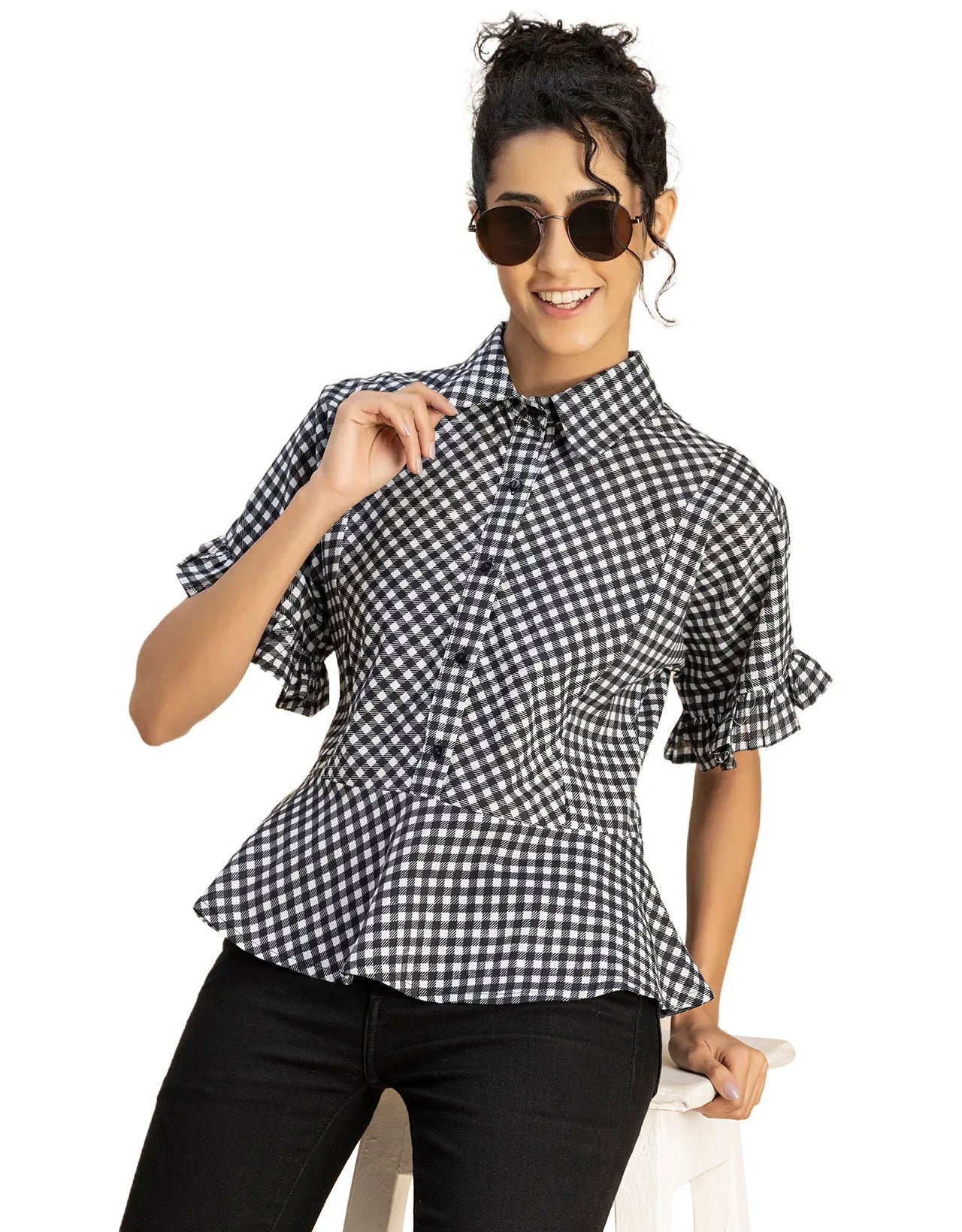 Printed Cotton Short Sleeve Peplum Top