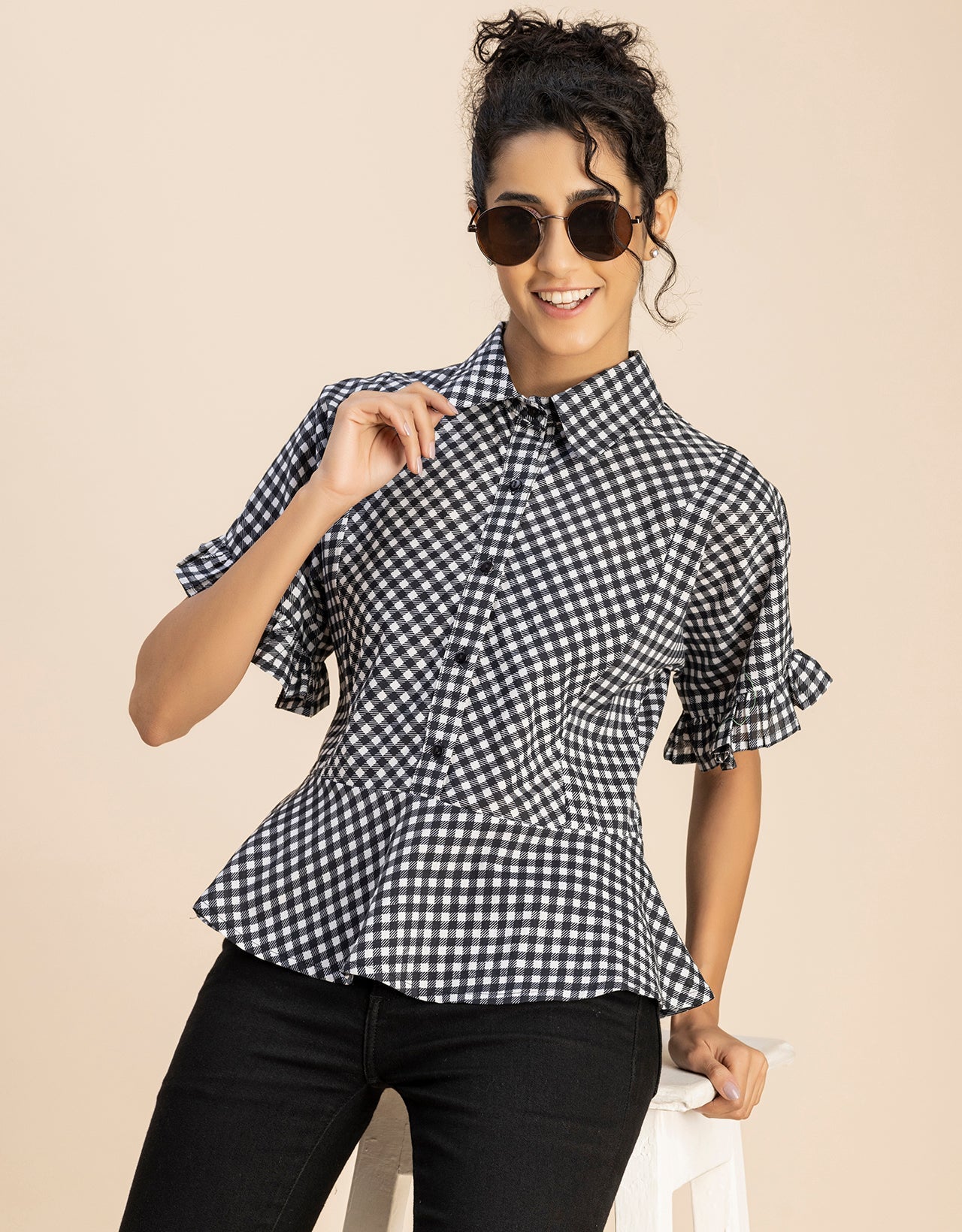 Printed Cotton Short Sleeve Peplum Top