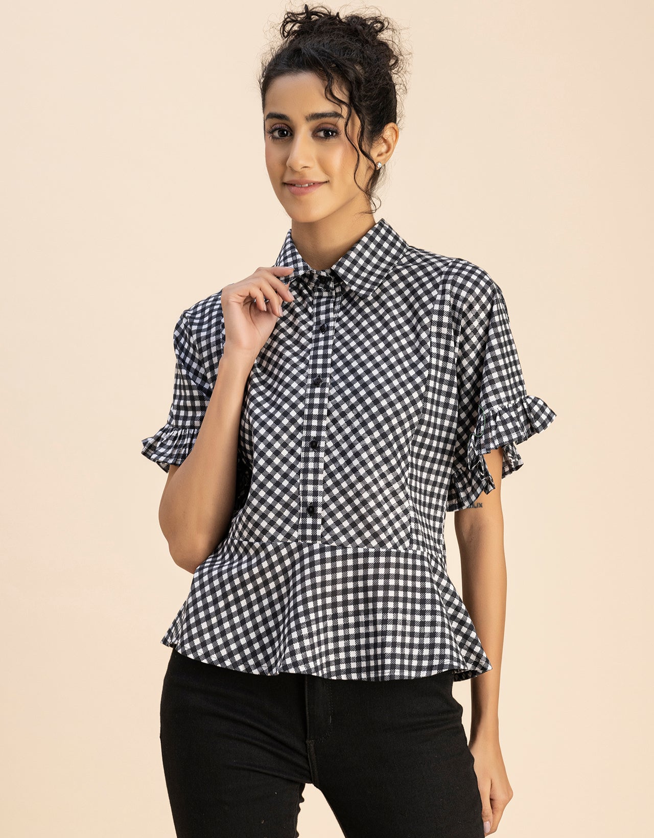 Printed Cotton Short Sleeve Peplum Top