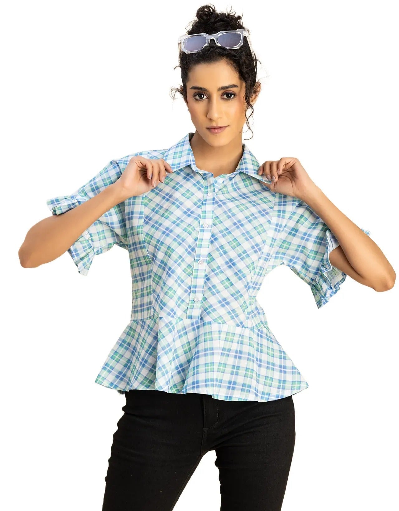 Printed Cotton Short Sleeve Peplum Top