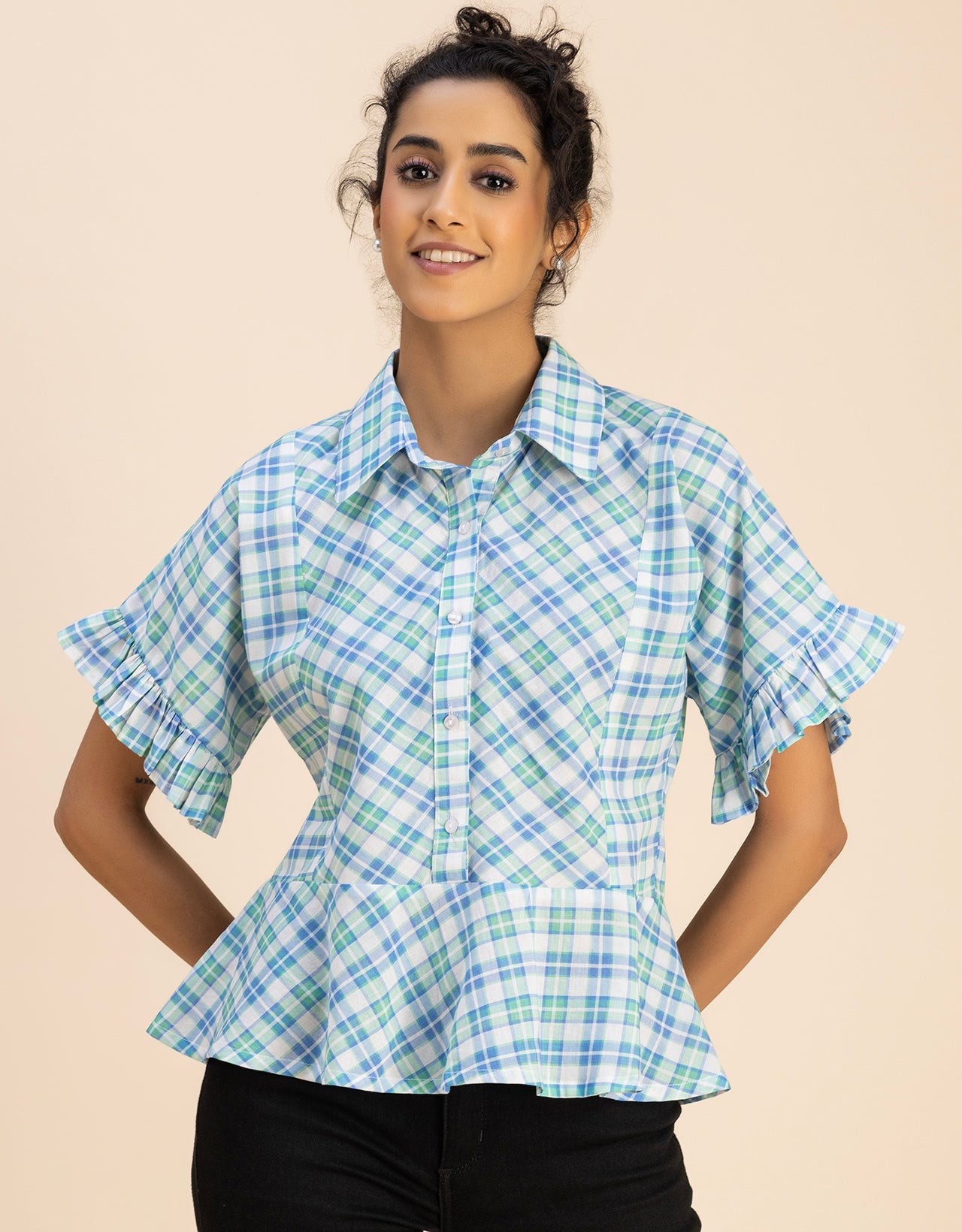 Printed Cotton Short Sleeve Peplum Top