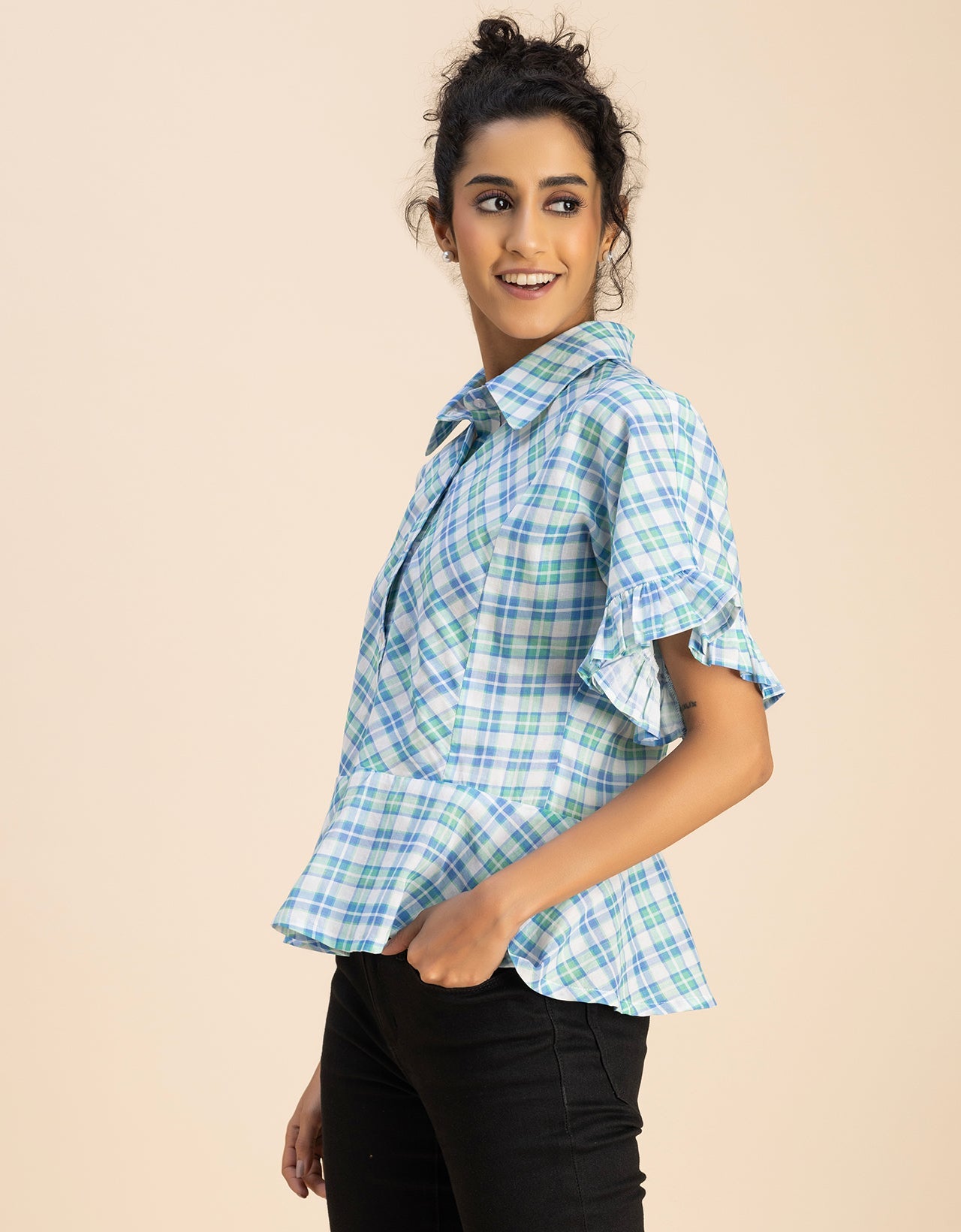 Printed Cotton Short Sleeve Peplum Top