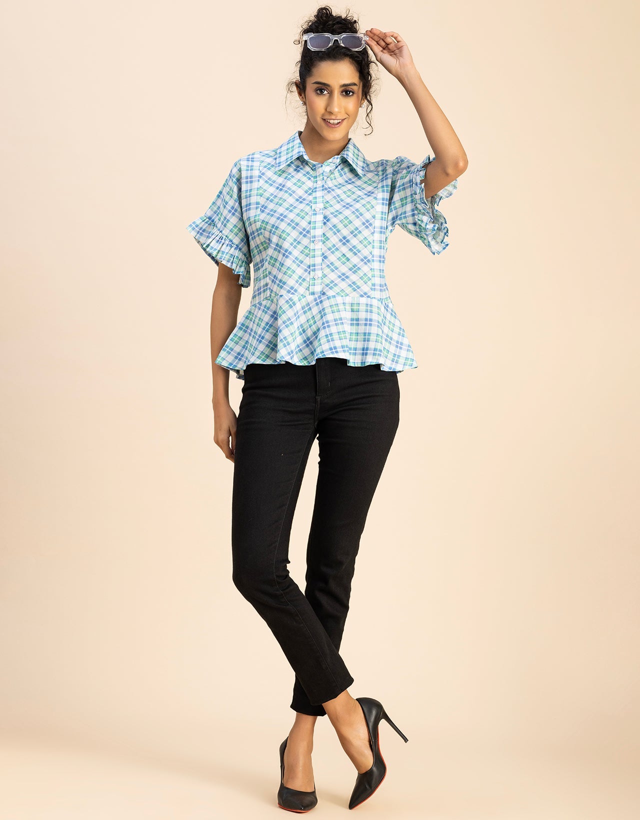 Printed Cotton Short Sleeve Peplum Top