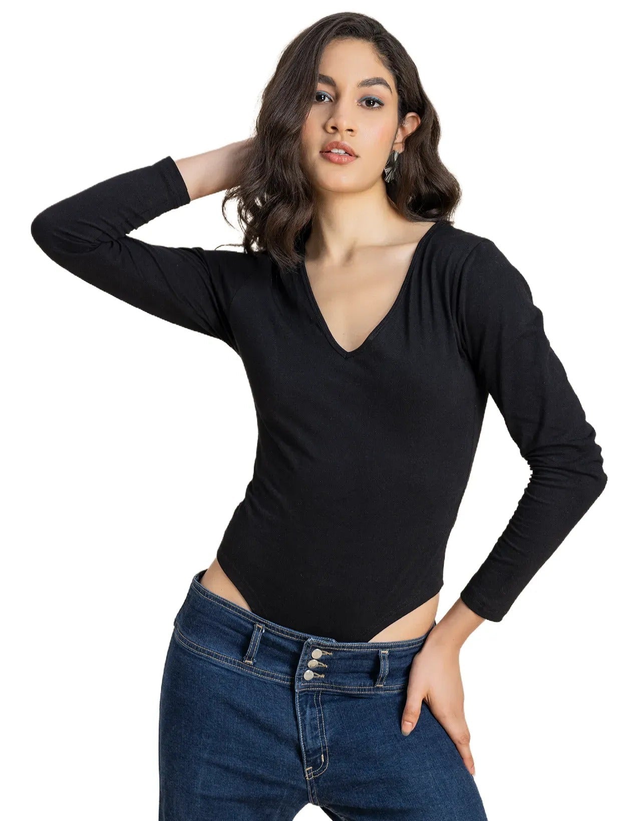 V-Neck Solid Cotton Bodysuit For Women