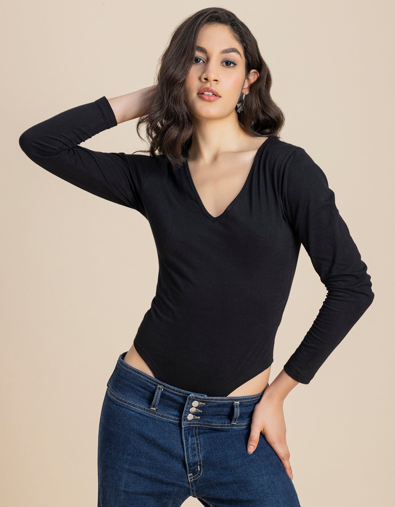 V-Neck Solid Cotton Bodysuit For Women