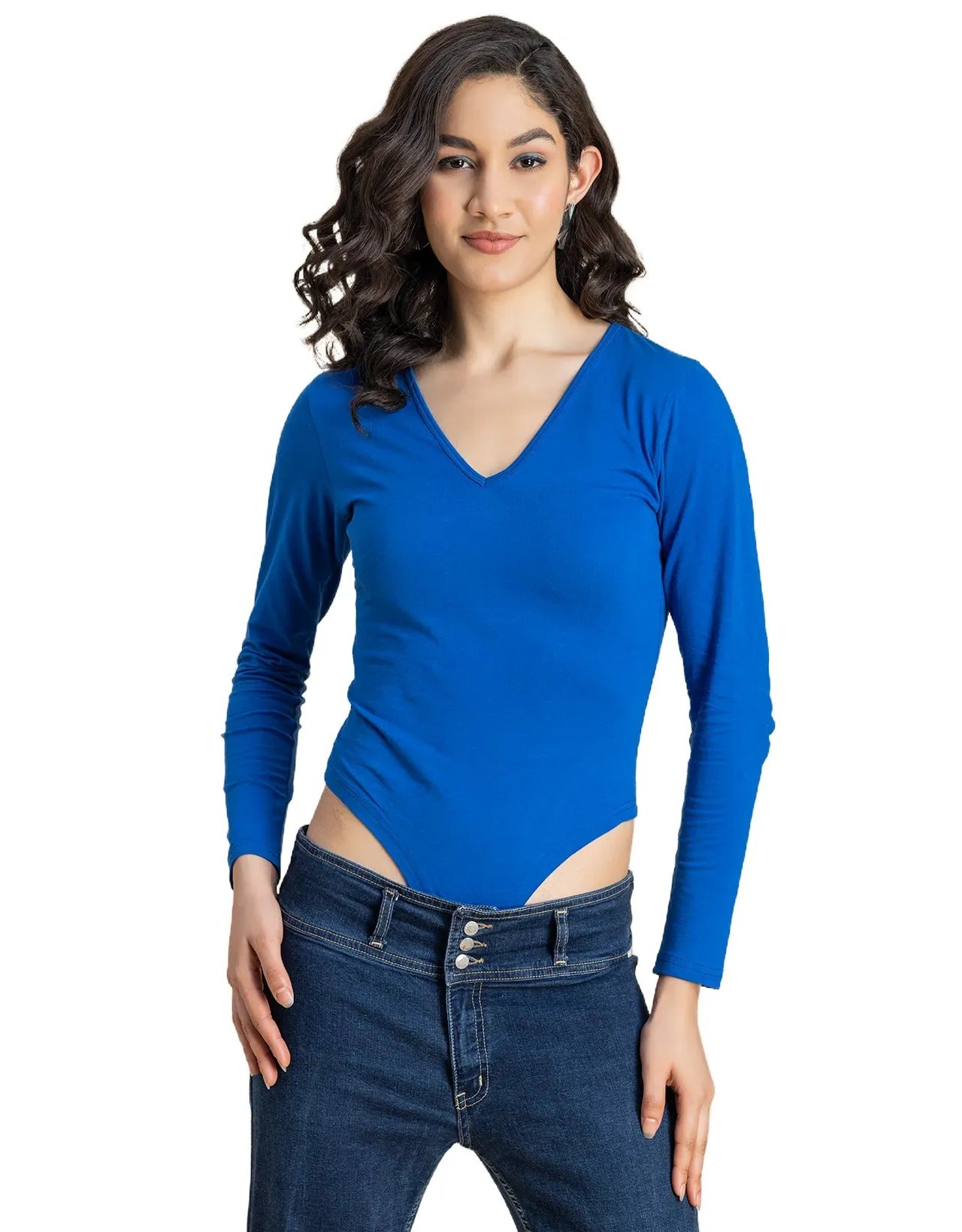 V-Neck Solid Cotton Bodysuit For Women