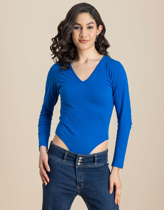 V-Neck Solid Cotton Bodysuit For Women