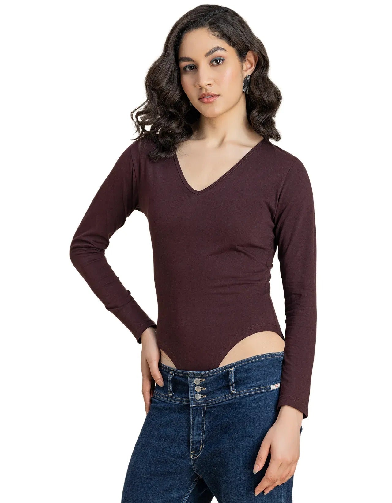 V-Neck Solid Cotton Bodysuit For Women