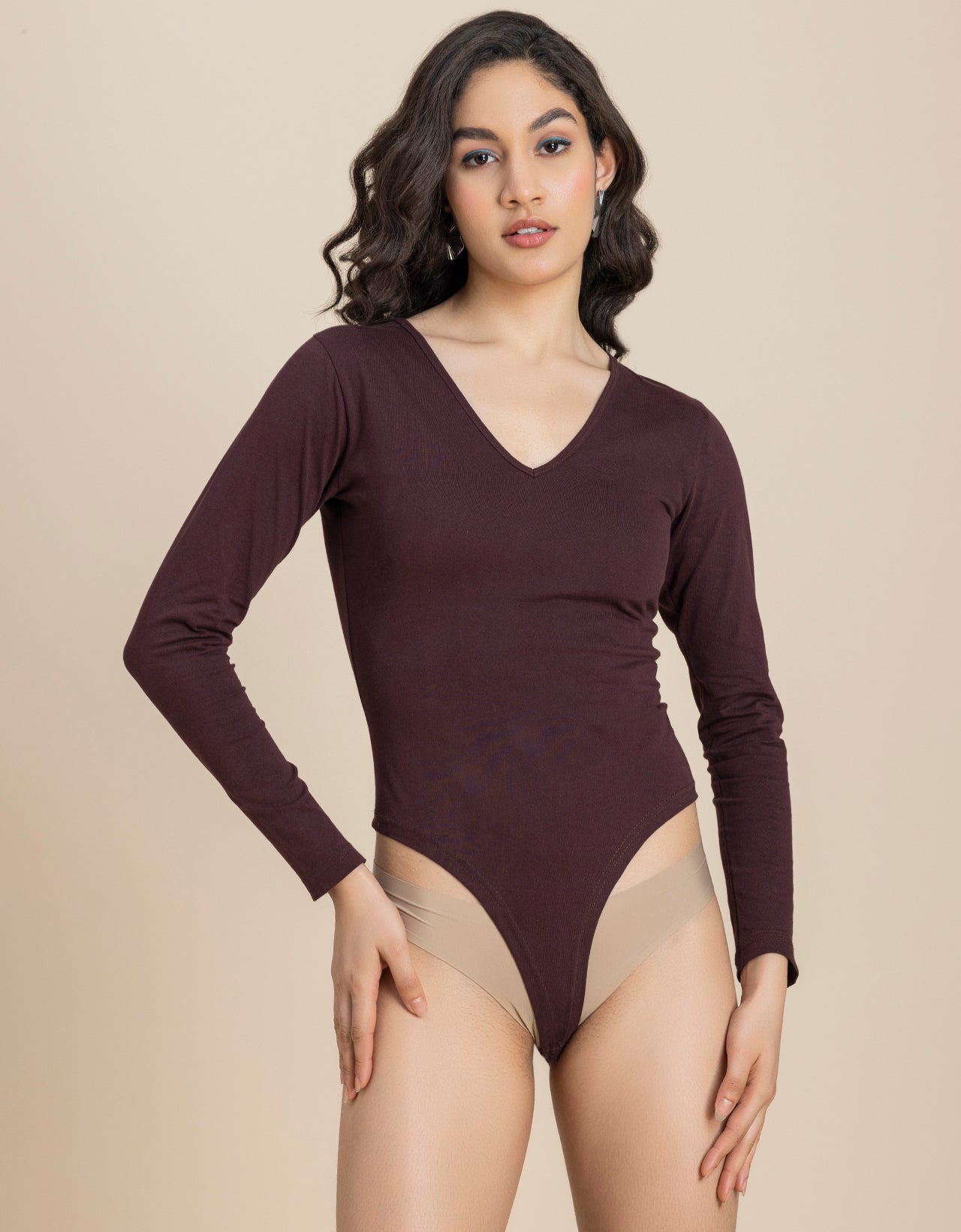 V-Neck Solid Cotton Bodysuit For Women