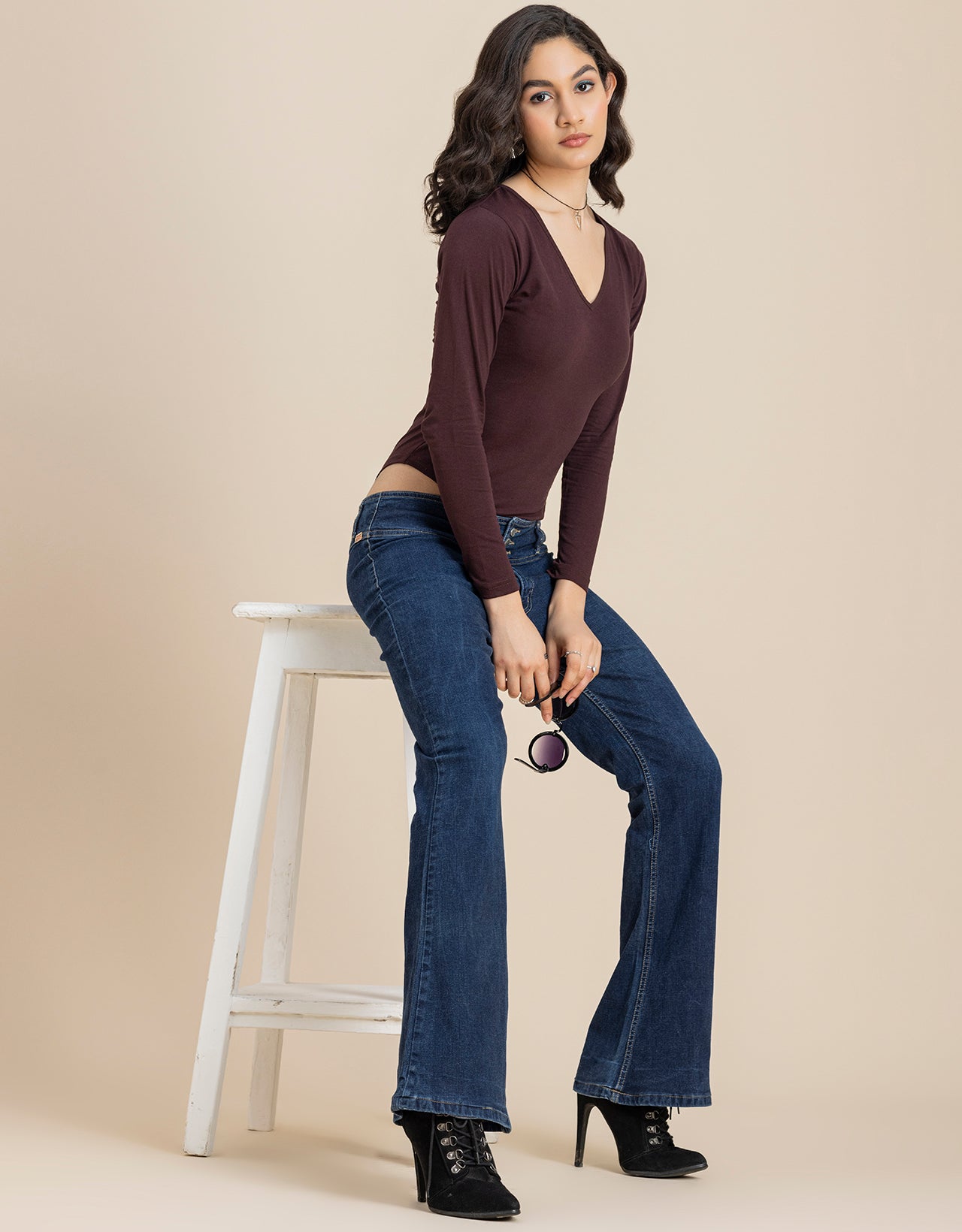 V-Neck Solid Cotton Bodysuit For Women