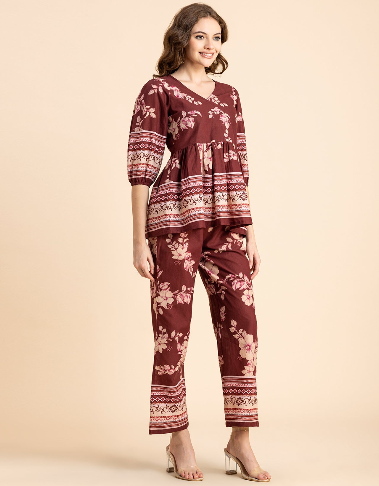 Printed 2 Pcs Coord Set, Cotton Top