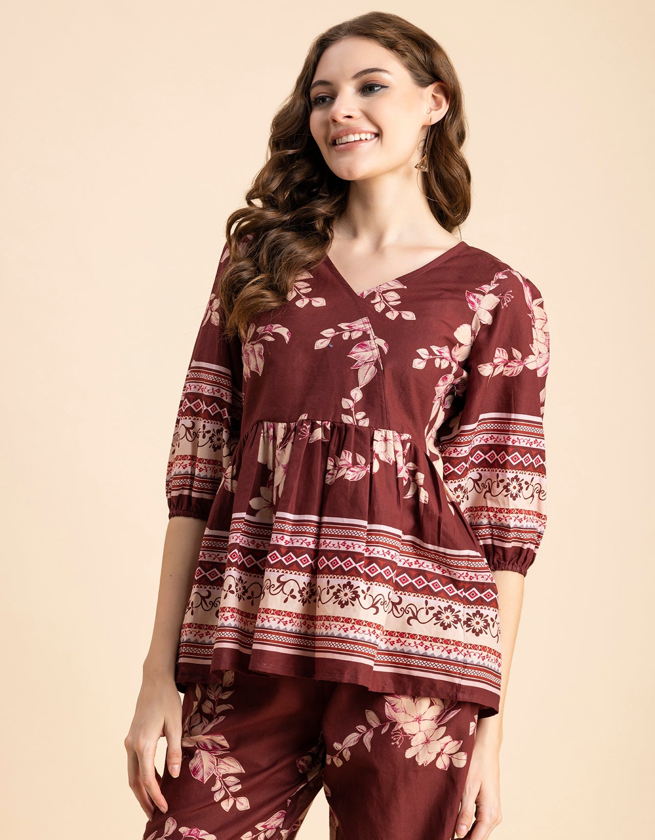 Printed 2 Pcs Coord Set, Cotton Top