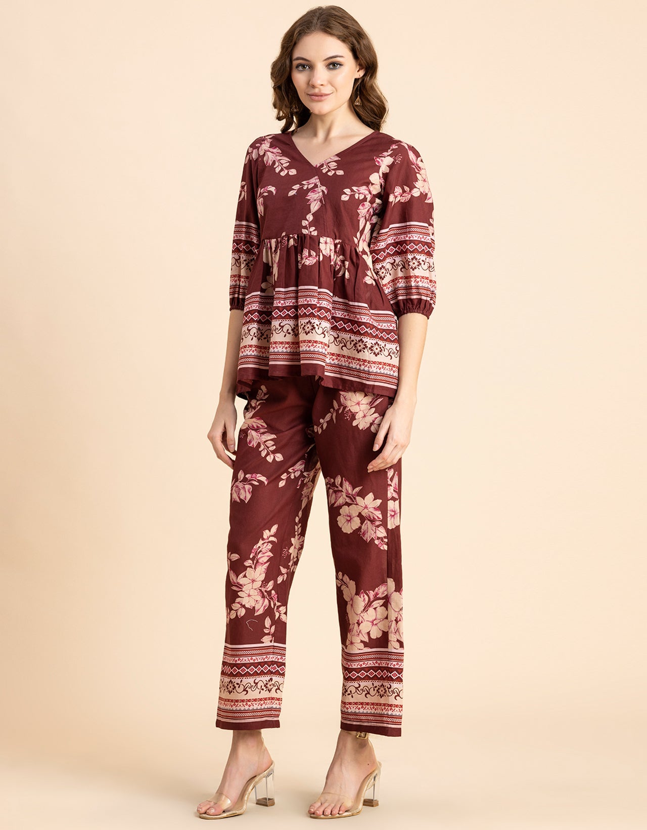 Printed 2 Pcs Coord Set, Cotton Top