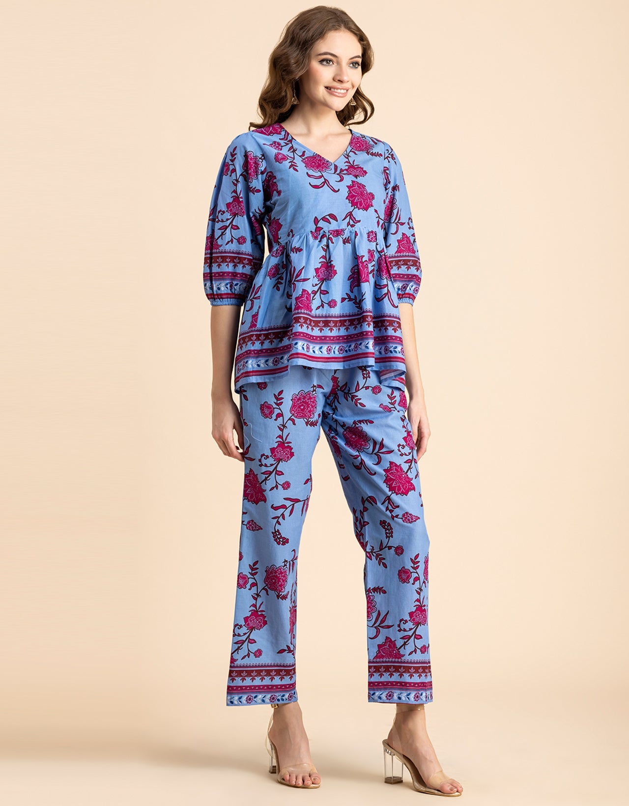 Printed 2 Pcs Coord Set, Cotton Top