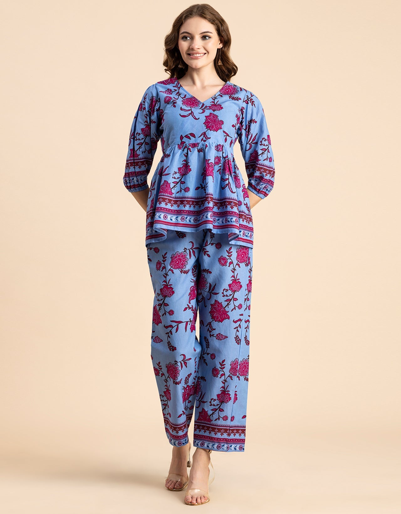 Printed 2 Pcs Coord Set, Cotton Top