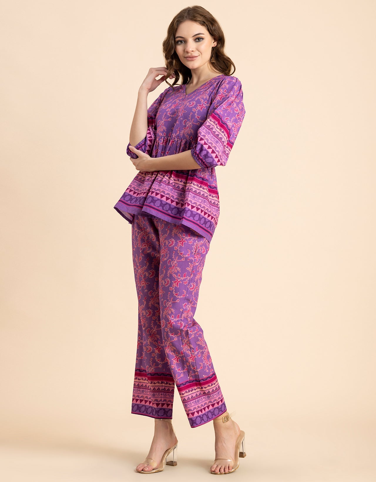 Printed 2 Pcs Coord Set, Cotton Top