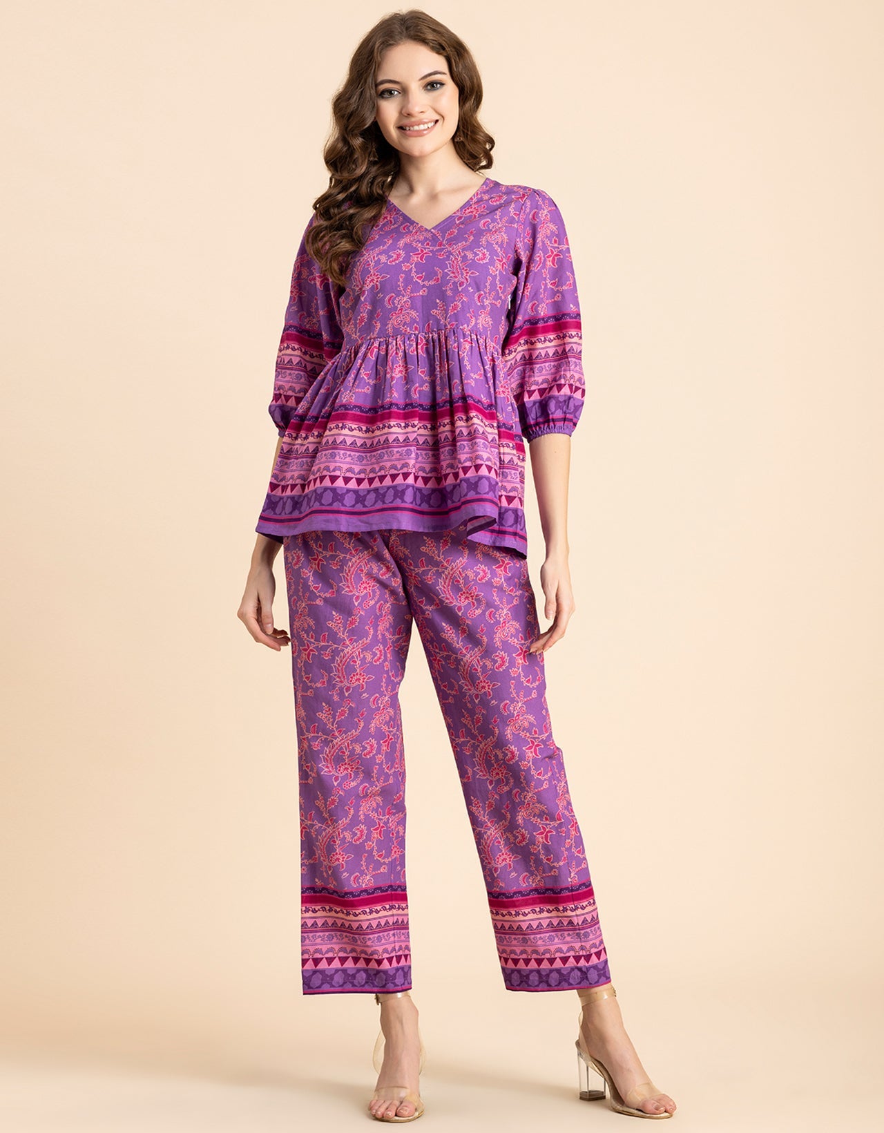 Printed 2 Pcs Coord Set, Cotton Top