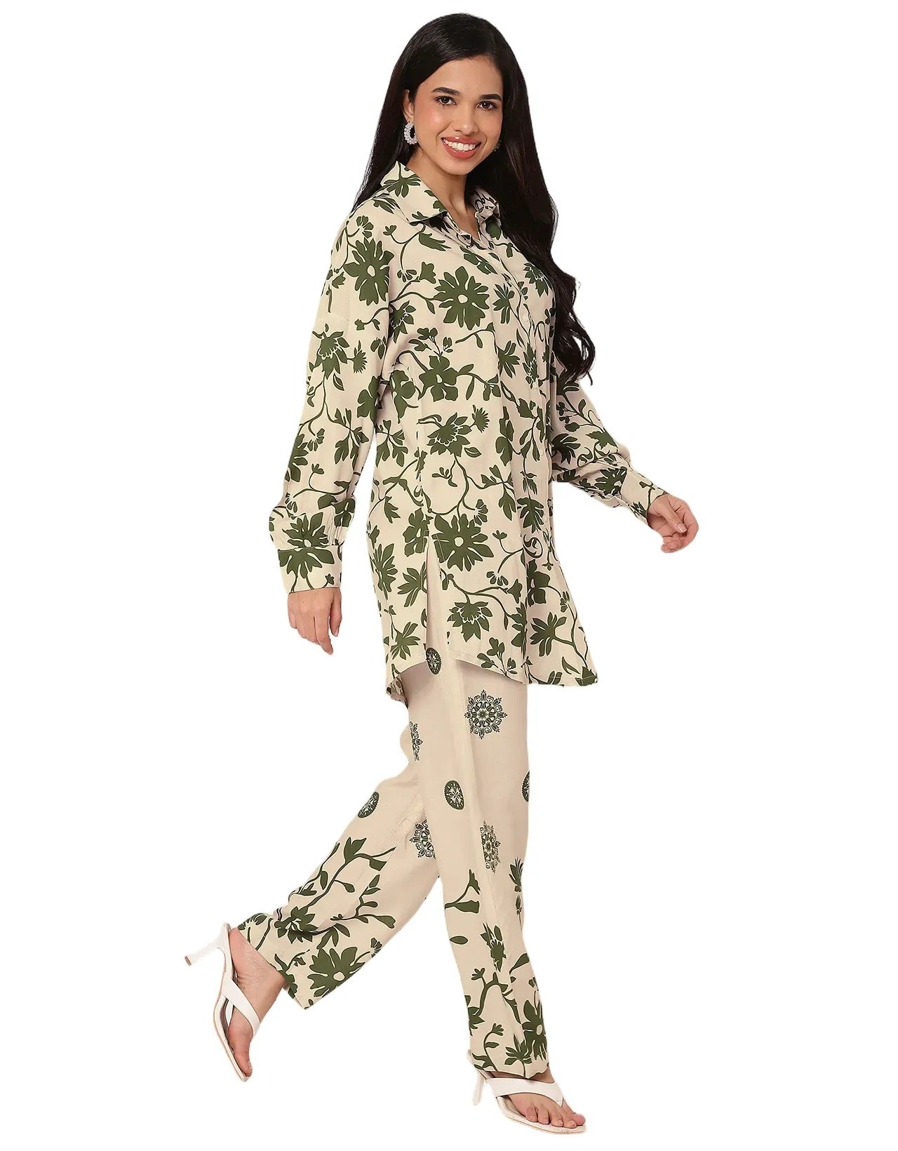 2 Pcs Loose Fit Co-Ord Set, Long Shirt With Pants