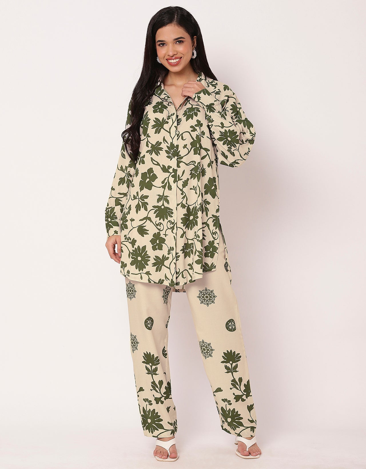 2 Pcs Loose Fit Co-Ord Set, Long Shirt With Pants