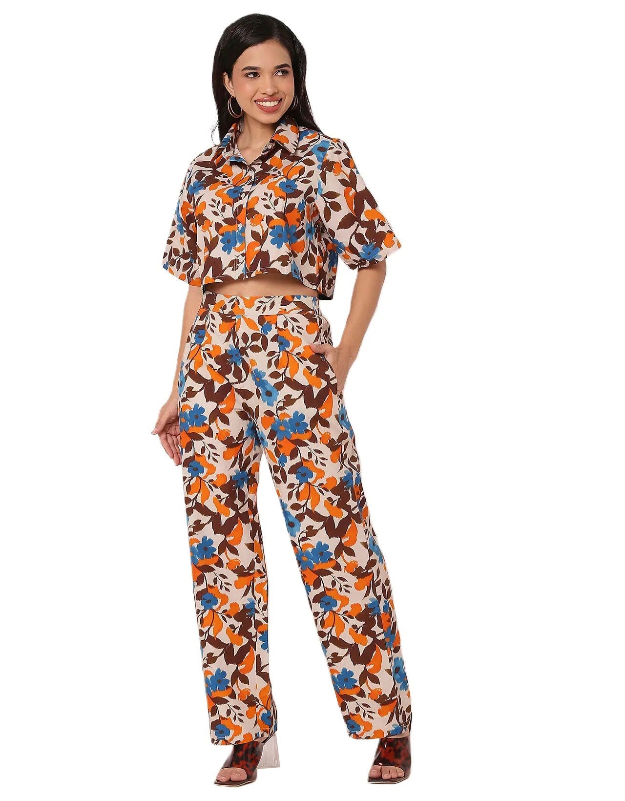 Printed 2 Pcs Co-Ord Set, Crop Shirt With Pants