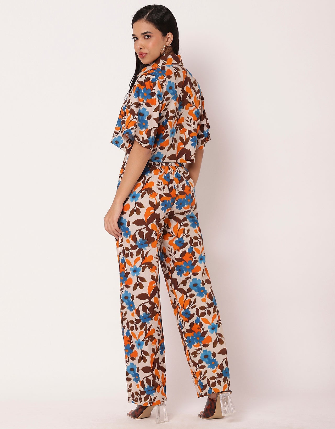 Printed 2 Pcs Co-Ord Set, Crop Shirt With Pants