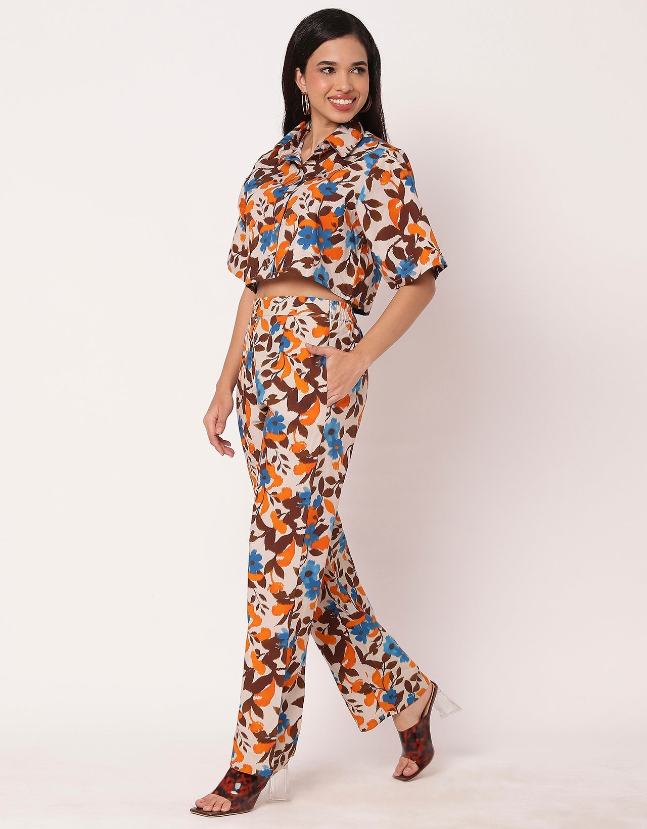 Printed 2 Pcs Co-Ord Set, Crop Shirt With Pants
