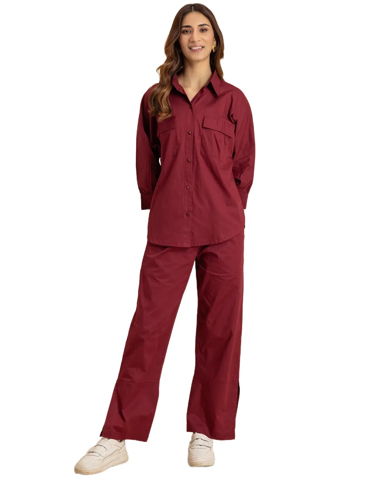 Solid 2 Pcs Cotton Co-Ord Set Long Shirt With Pants for Women