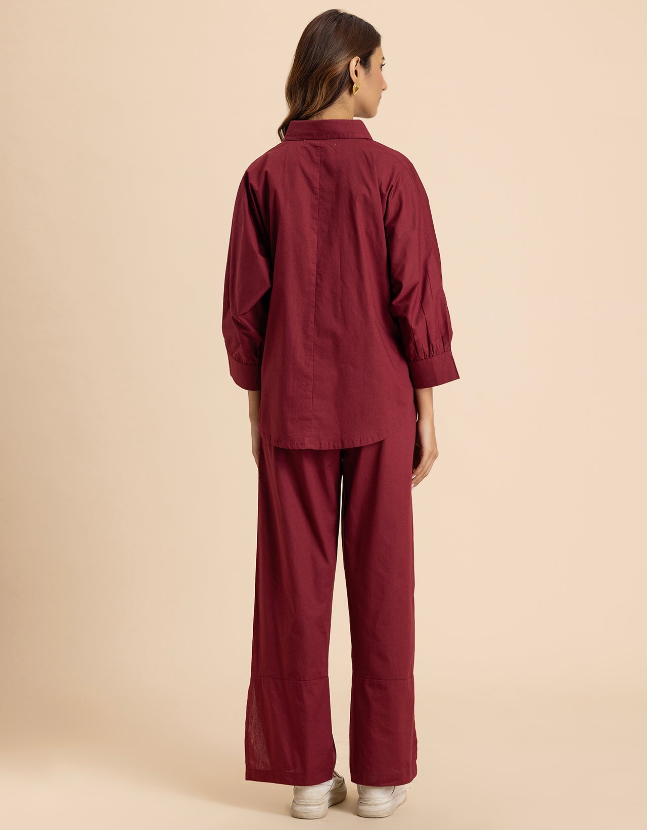 Solid 2 Pcs Cotton Co-Ord Set Long Shirt With Pants for Women