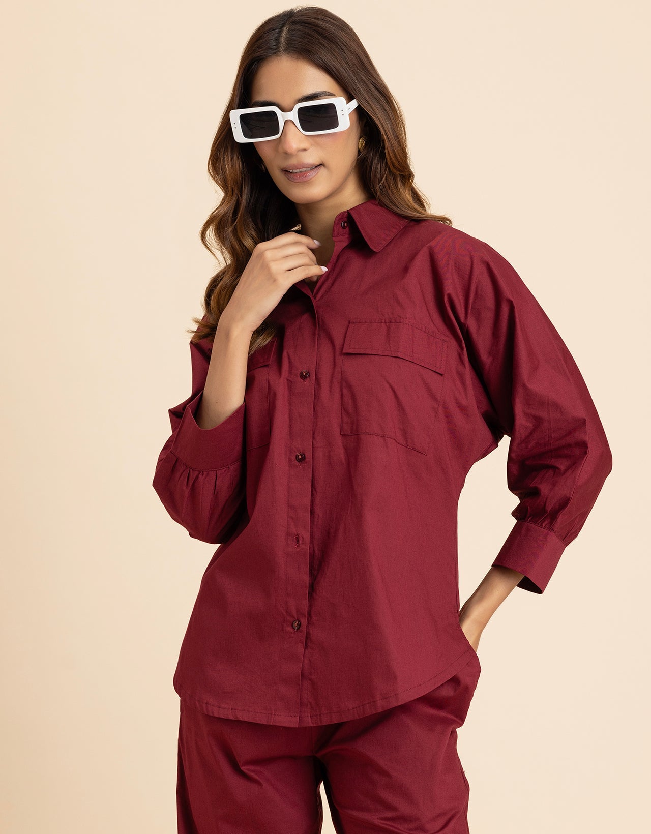 Solid 2 Pcs Cotton Co-Ord Set Long Shirt With Pants for Women