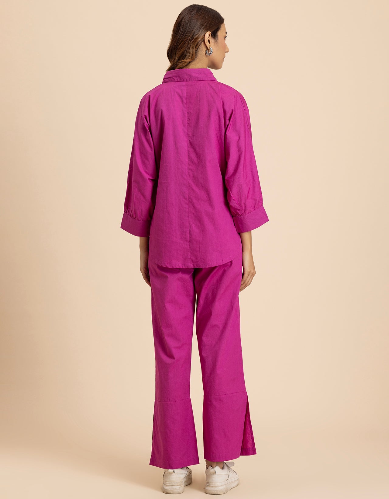 Solid 2 Pcs Cotton Co-Ord Set Long Shirt With Pants for Women
