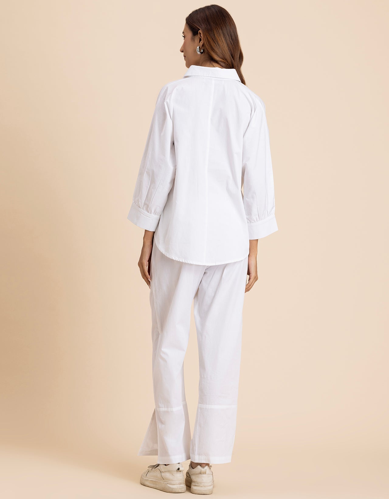 Solid 2 Pcs Cotton Co-Ord Set Long Shirt With Pants for Women