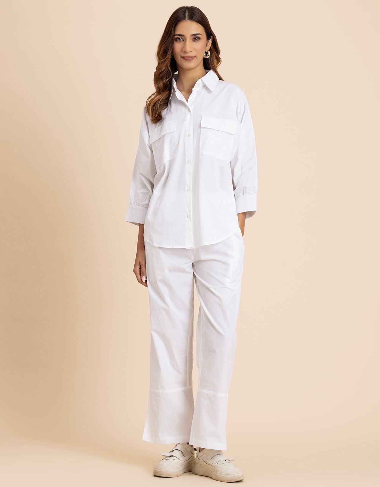 Solid 2 Pcs Cotton Co-Ord Set Long Shirt With Pants for Women