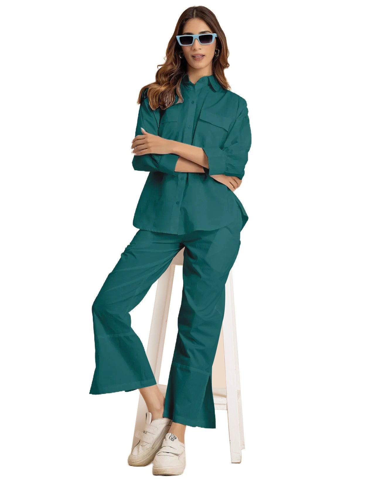 Solid 2 Pcs Cotton Co-Ord Set Long Shirt With Pants for Women