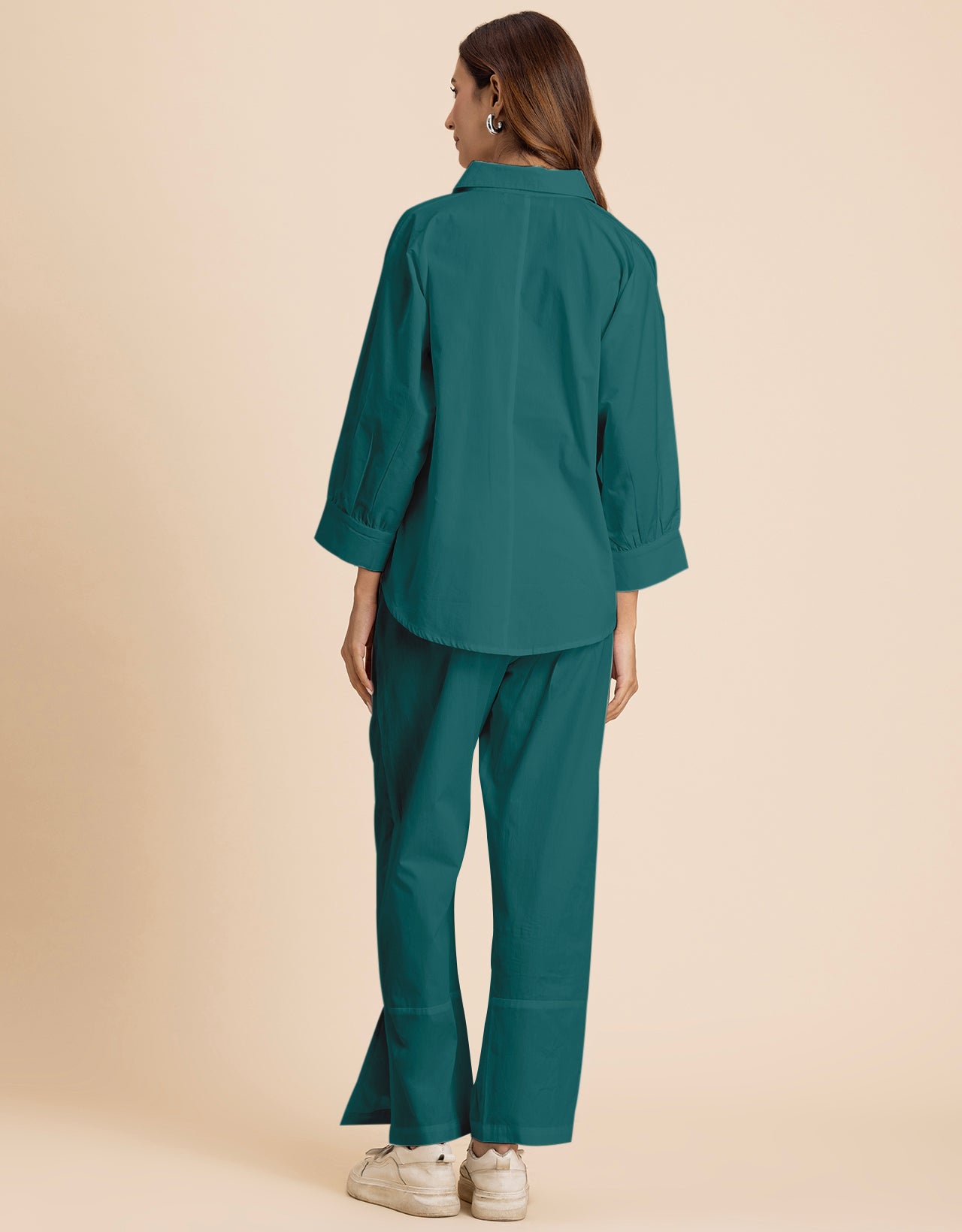 Solid 2 Pcs Cotton Co-Ord Set Long Shirt With Pants for Women