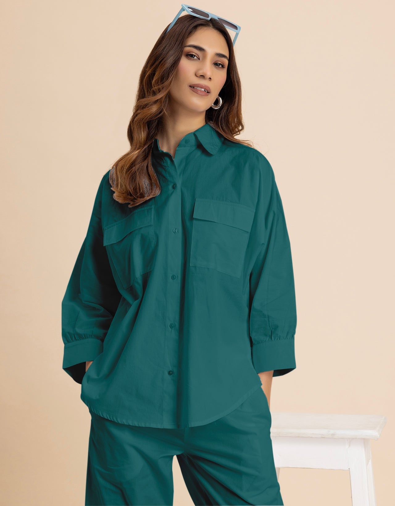Solid 2 Pcs Cotton Co-Ord Set Long Shirt With Pants for Women