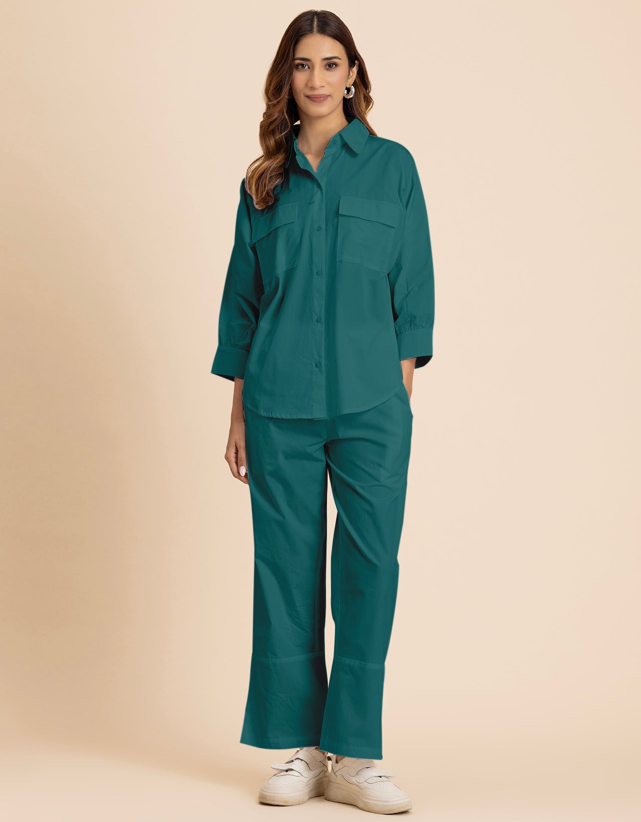 Solid 2 Pcs Cotton Co-Ord Set Long Shirt With Pants for Women