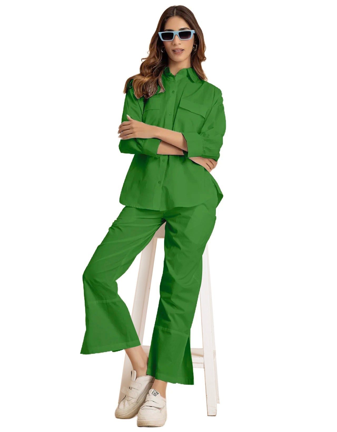 Solid 2 Pcs Cotton Co-Ord Set Long Shirt With Pants for Women