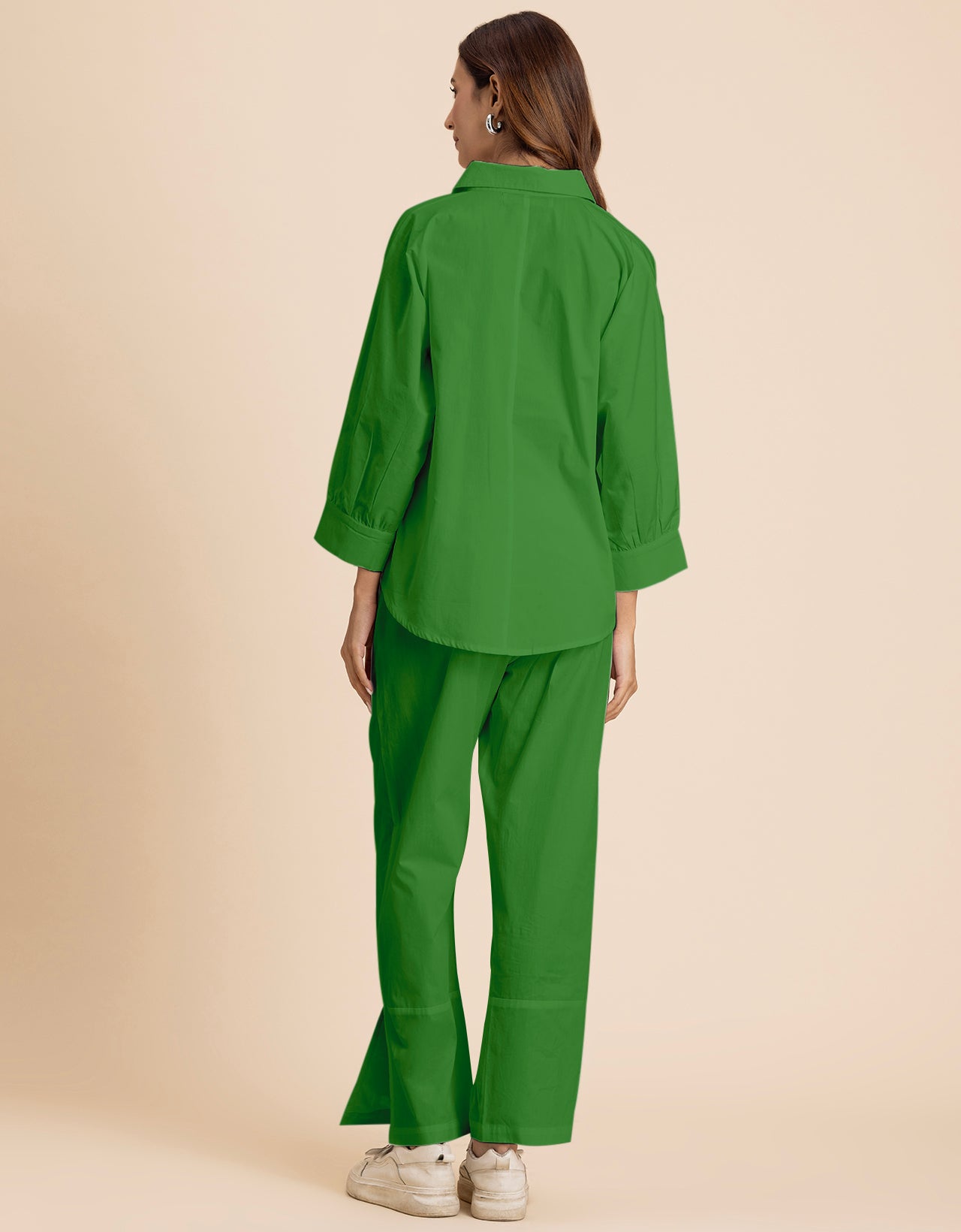 Solid 2 Pcs Cotton Co-Ord Set Long Shirt With Pants for Women
