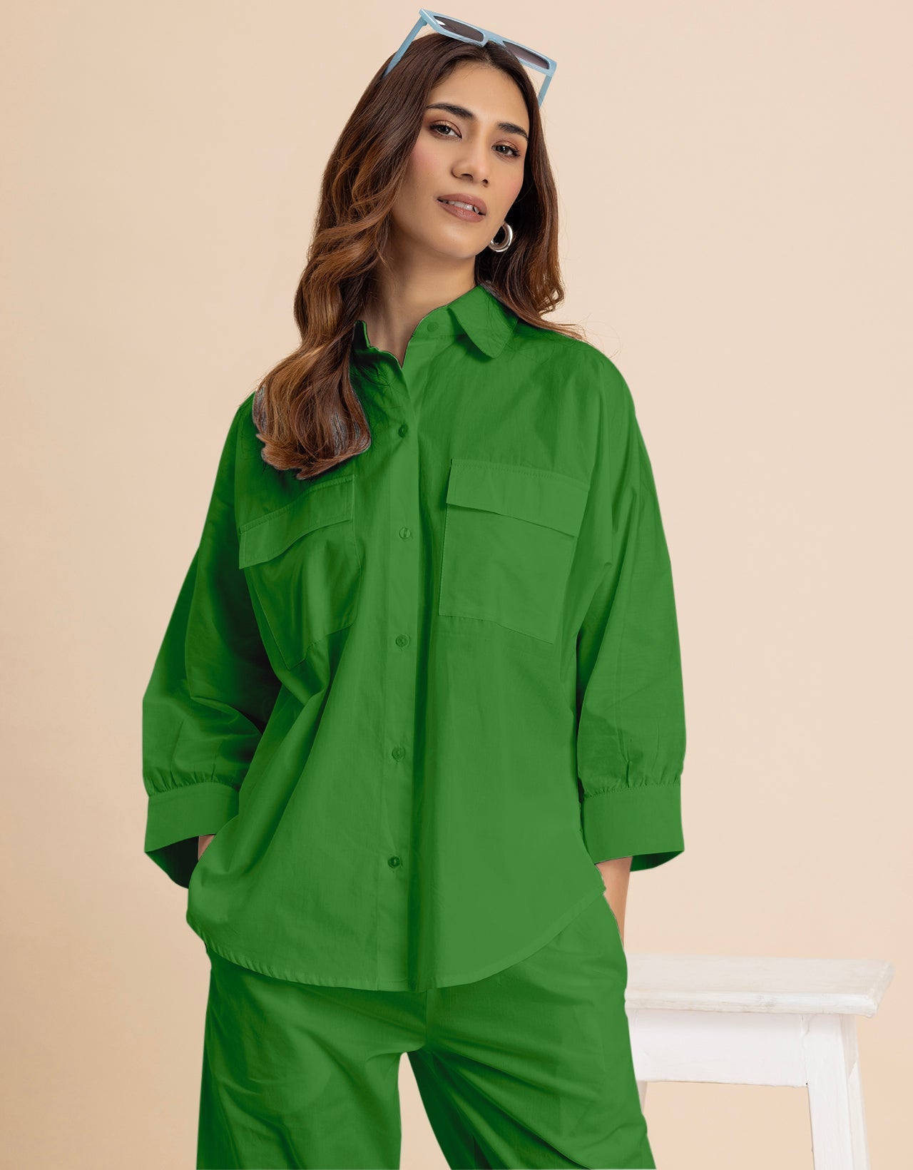 Solid 2 Pcs Cotton Co-Ord Set Long Shirt With Pants for Women